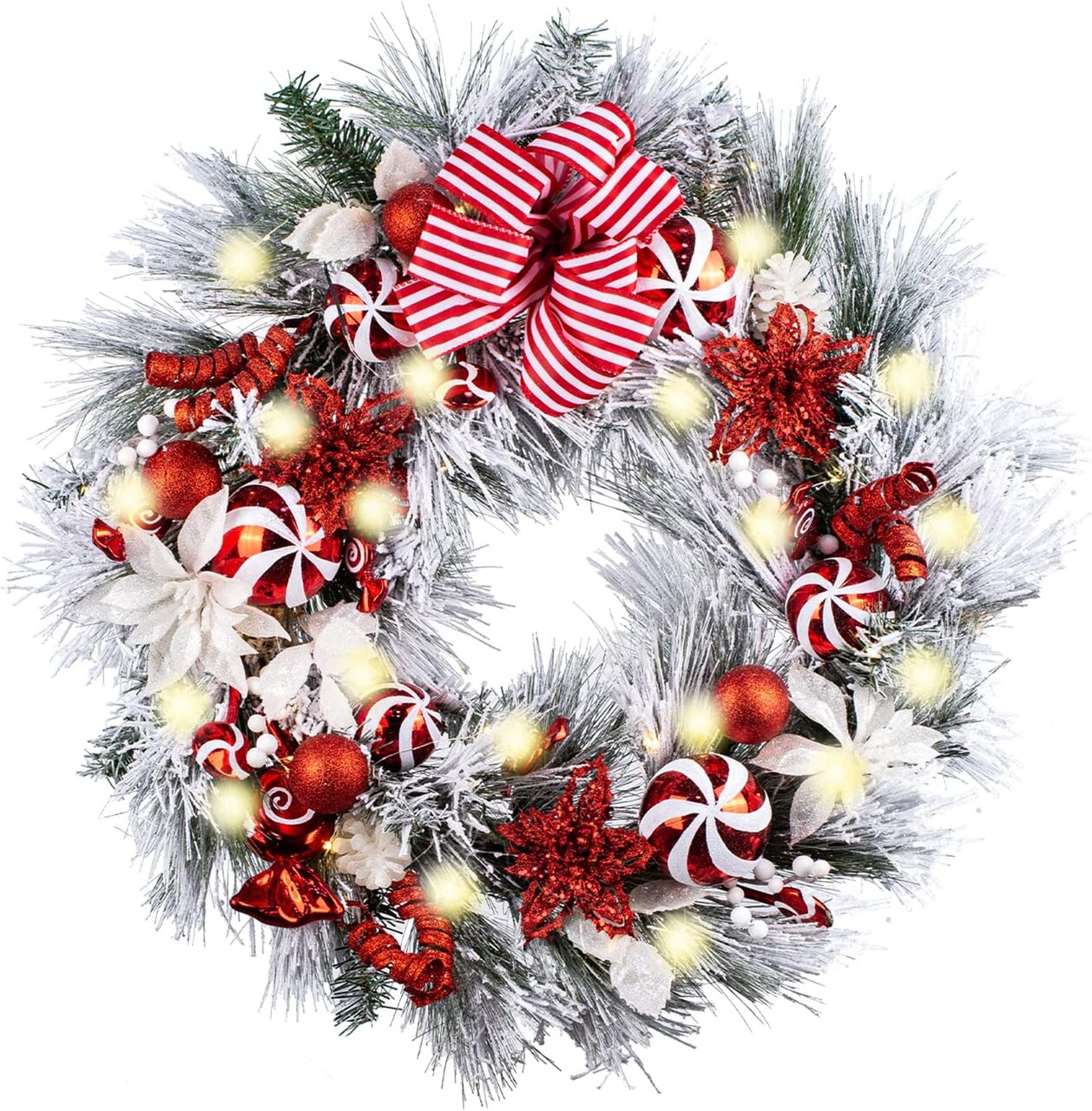 Pre-Lit 30 Inch Large Lighted Christmas Wreath for Front Door (04-red White) 21.6 x 21.4 x 7.2